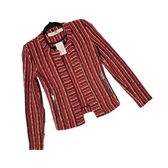IRO Paris Red/Black/White Zip Pockets Striped Inland Tweed Blazer Jacket Size 32 - Picture 5 of 9